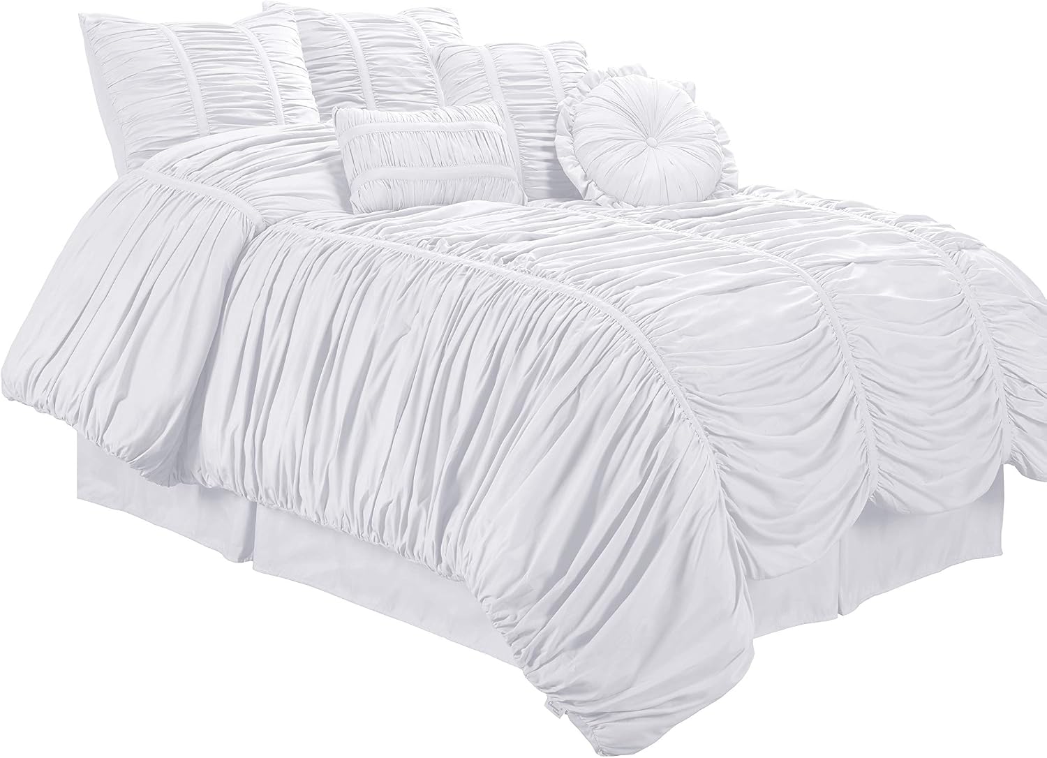 Chezmoi Collection 7-Piece Chic Ruched Duvet Cover Set, Queen, White