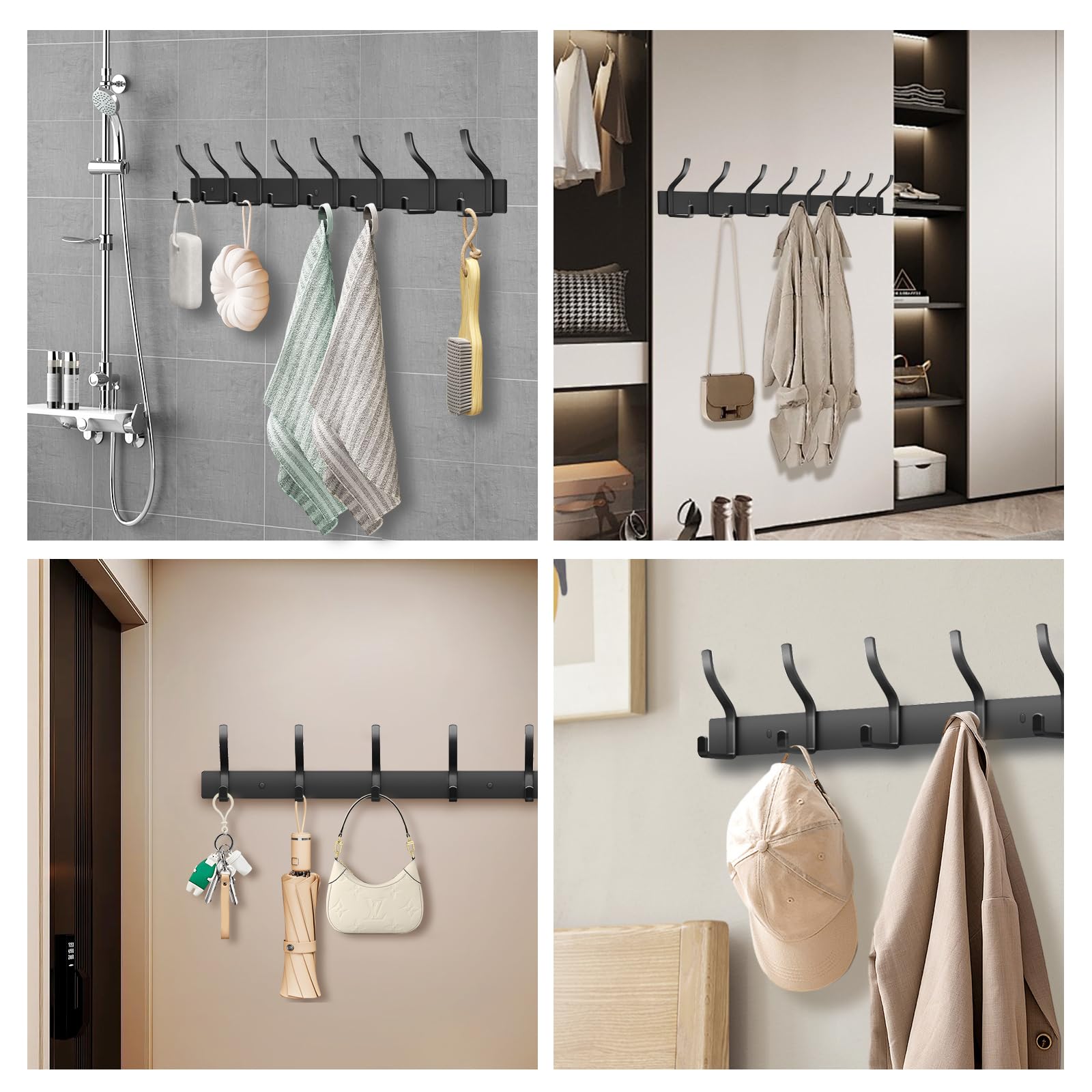 Percheros Pared, Percha Pared Colgador de Acero Inoxidable, Ganchos para Colgar para Recibidor Baño y Cocina (Negro, 8 Ganchos 2Pcs)