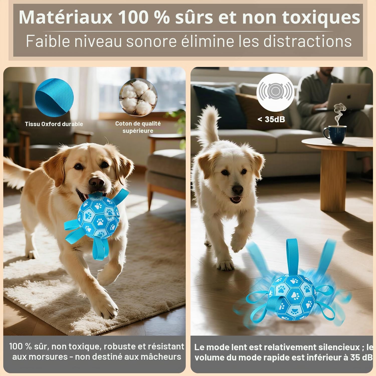 Jouets interactifs pour chiens, Ballon de foot pour chien pour le garder occupé, Ballons pour chiens durables, automatiquement mobiles et sauteurs avec sangles pour chiens petits/moyens/grands