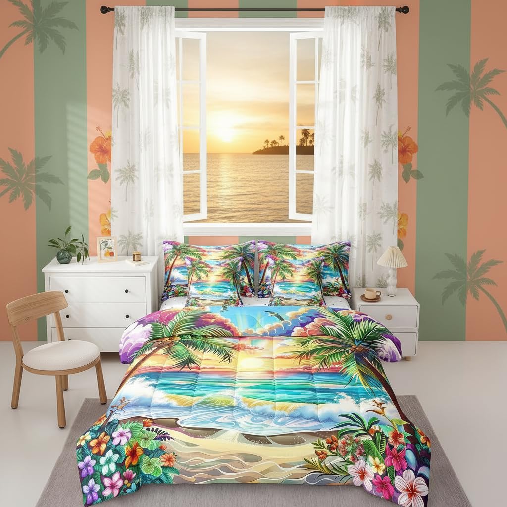 Parure de lit 7 pièces motif Hawaï imprimé océan en textile microfibre haute résistance