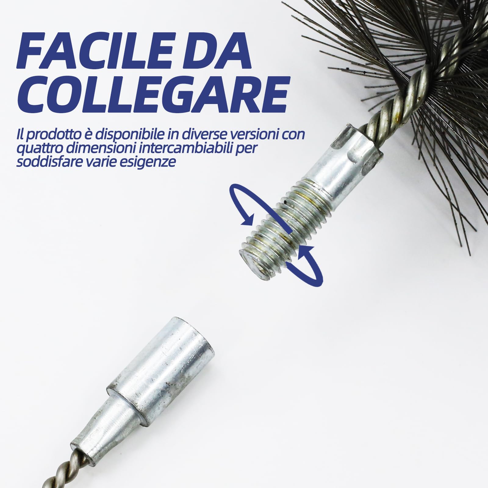 Set di spazzole per camino 4 pezzi con spazzole da 30/50/80/150 mm, incl. 1m di filo di acciaio e stanga di spinta – Spazzola per camino per la pulizia di canne fumarie, tubi per stufe e tubi di