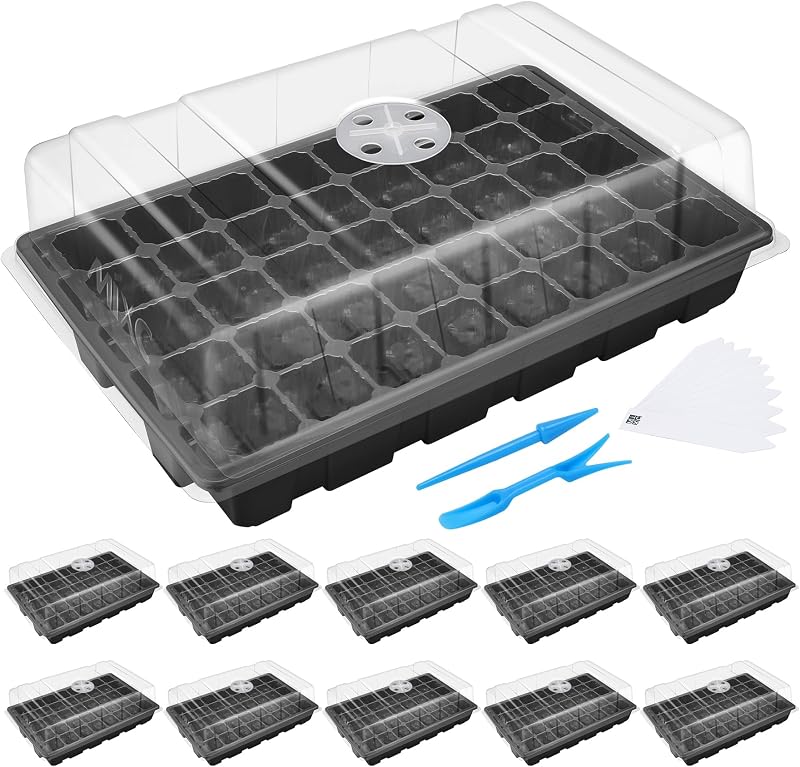 Seedling Trays Seed Starter Tray, 10-Pack Mini Propagator Plant Grow Kit Greenhouse with Humidity Vented Domes and Base for Seeds' Starting (40 Cells Per Tray, Total 400 Cells), Black