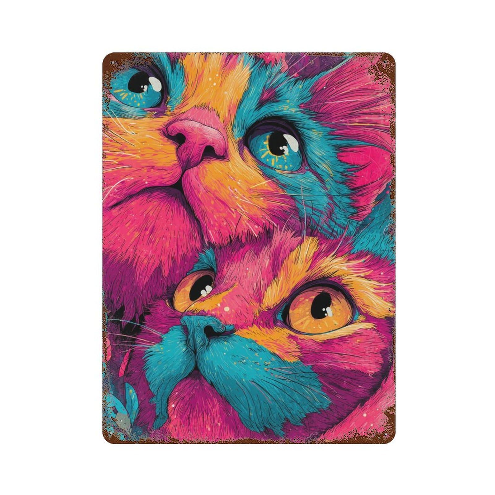 Rust Effect Colorful Cat Illustration Rusty Metal Tin Sign 15.7"x11.8", Industrial Home Decor for Living Room, Hallway And Home Decor