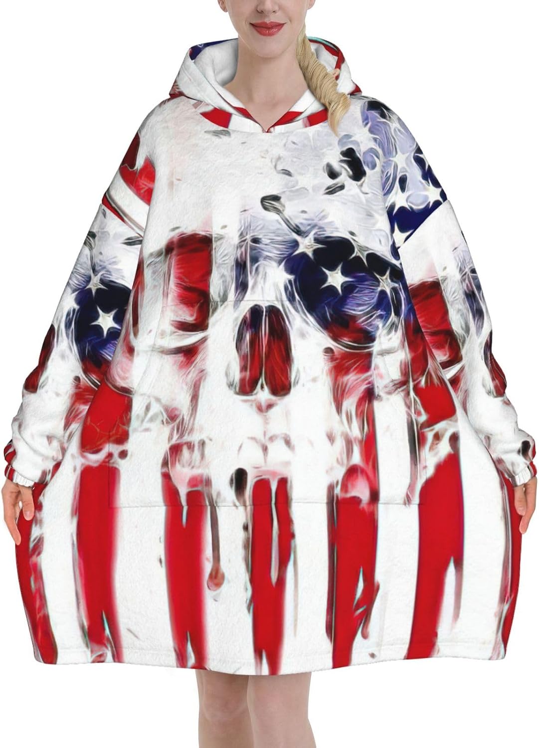 American Flag Skullprint Oversized Hoodie Blanket, Super Soft Warm Comfortable Hoodie, Wearable Blanket Adult