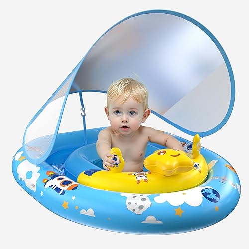 Flotador de piscina para bebés con toldo UPF50+, flotadores inflables para piscina para niños, flotador de natación infantil con consola de juegos