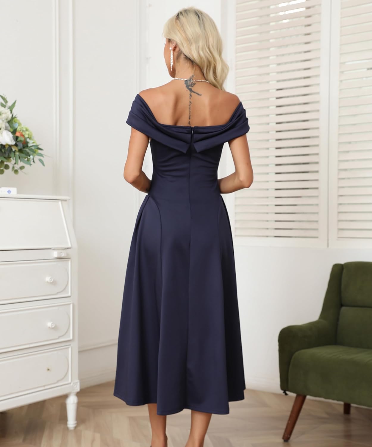 Wellwits Women's Off Shoulder Pleated Vintage Midi Cocktail Formal Dress - Image 7