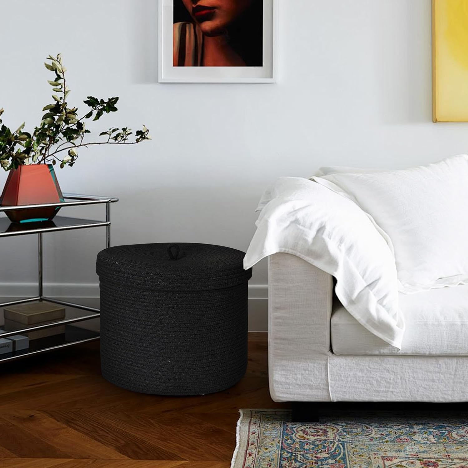 Large Basket with Lid, 18” x 14” Lidded Blanket Storage for Living Room, Black Woven Baskets for Storage, Nursery Kids Cotton Rope Toy Bin with Cover, Wicker Laundry Basket, Pillow Holder