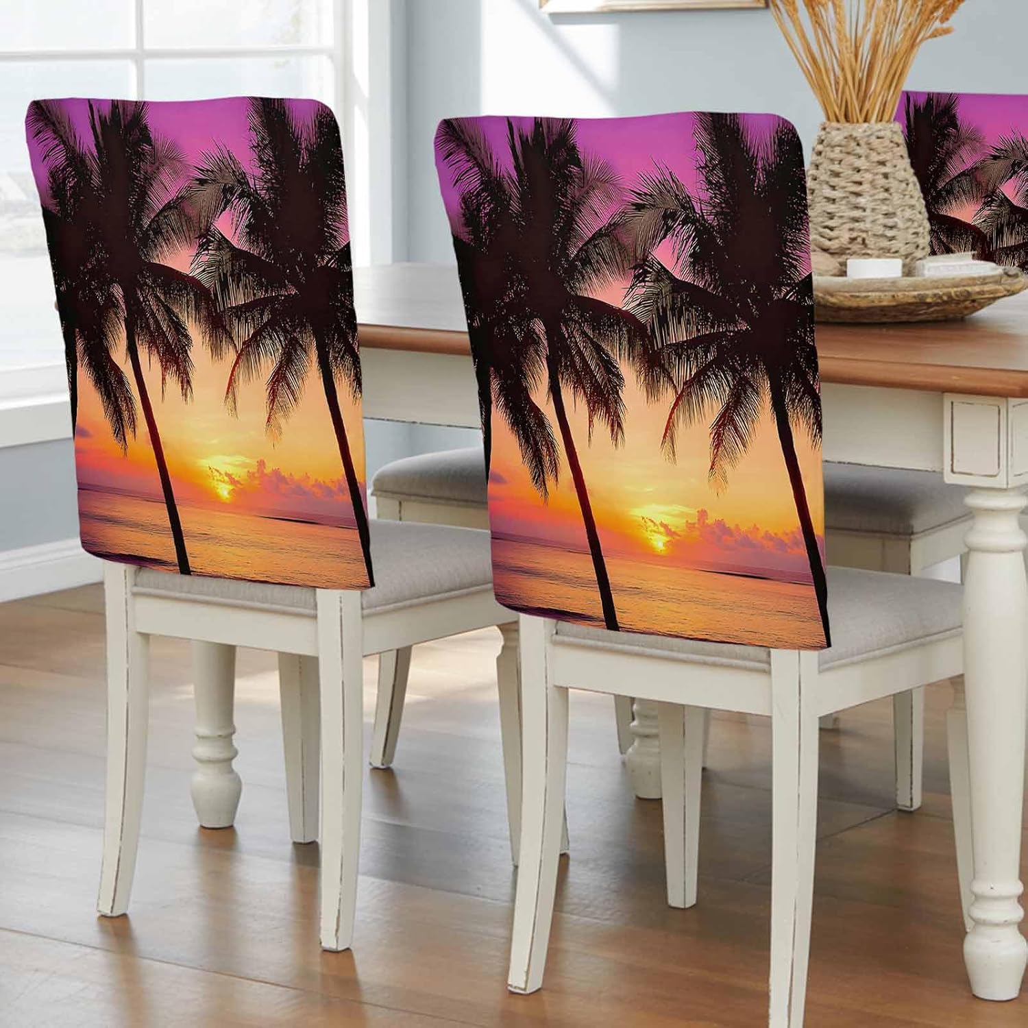 Chair Back Covers Set of 4,Seaside Coconut Tree Beach Sunset Removable Washable Chair Slipcover,Summer Purple Sky Chairs Protector Cover for Kitchen Dining Room Holiday Party Decor