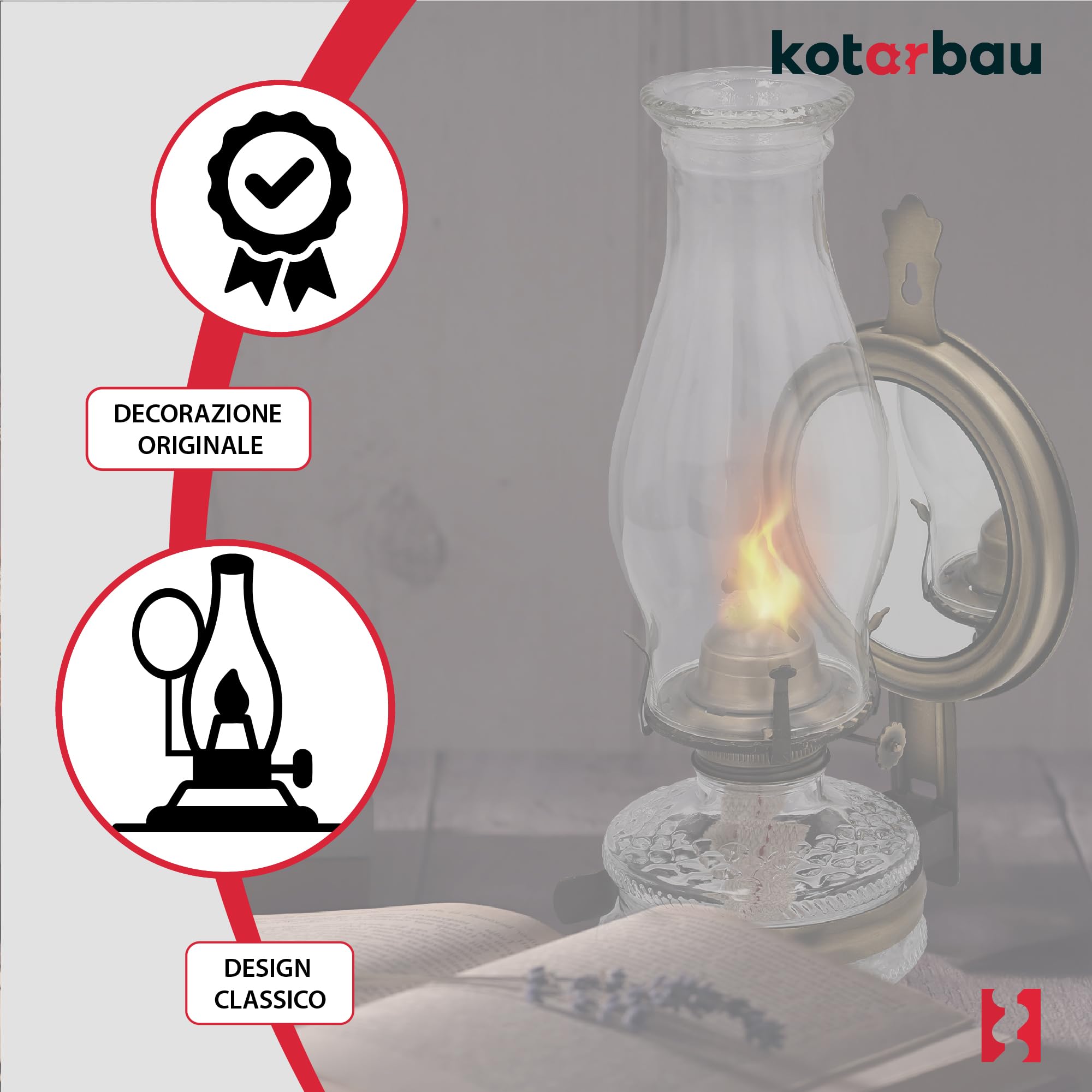 KOTARBAU® Lampada a Cherosene in Vetro Con Specchio Vecchio Ottone Massiccio - Lampada da Campeggio, a Benzina, a Olio - Lanterna Vintage per Balcone
