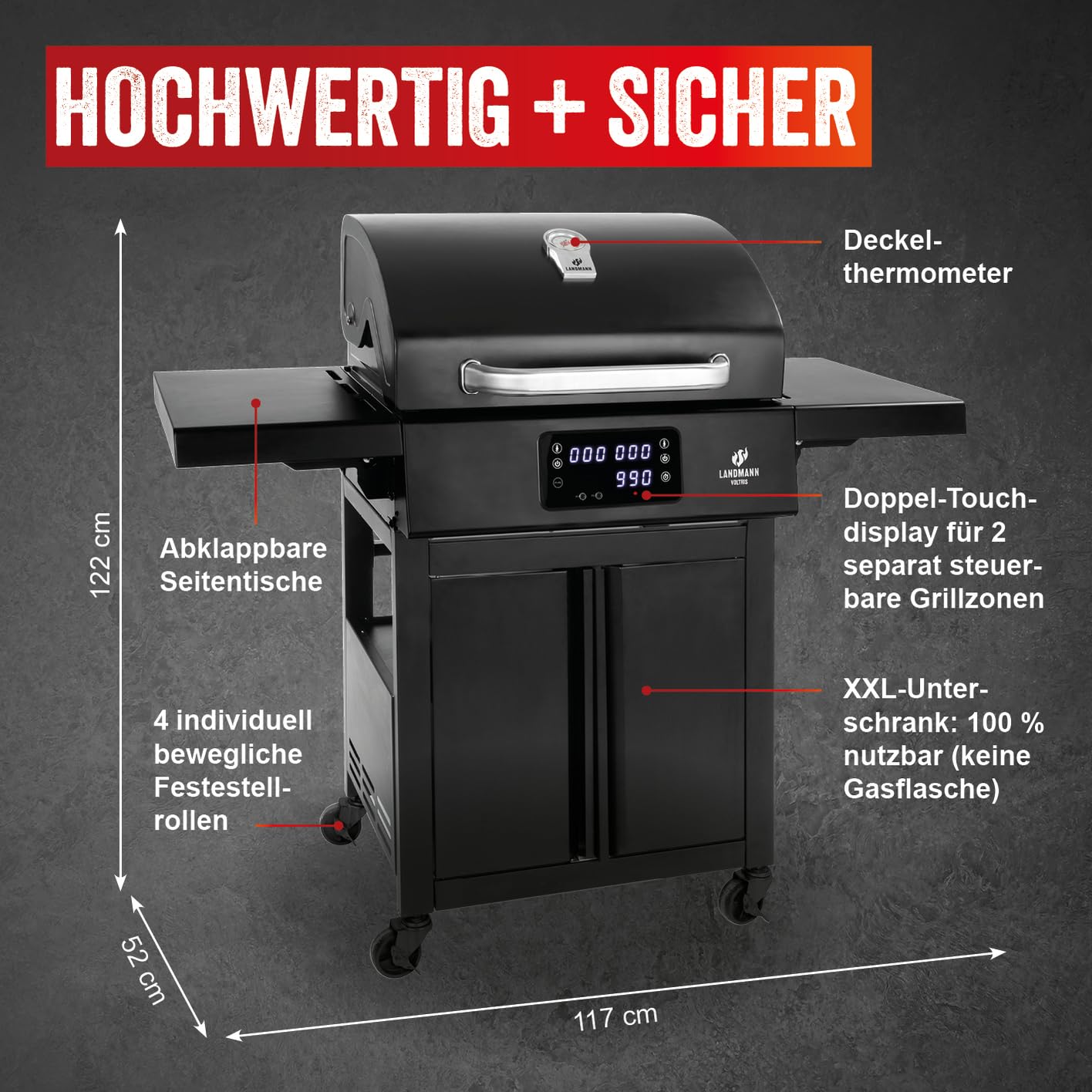 LANDMANN Elektro-Grillwagen EG-II-591 | Leistungsstarker Standgrill mit 2 Fleischthermometern & Deckelthermometer | Ohne Gas & ohne Kohle grillen | Grillfläche ca. 59 x 40,5 cm | 3200W [Schwarz]