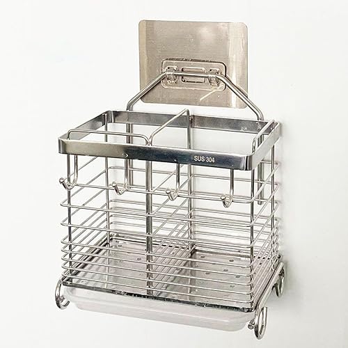 Miniatura 4 de BESSKON Soporte para utensilios de cocina, cesta de secado de cubiertos con ganchos, 2 compartimentos divididos, soporte para utensilios de cocina