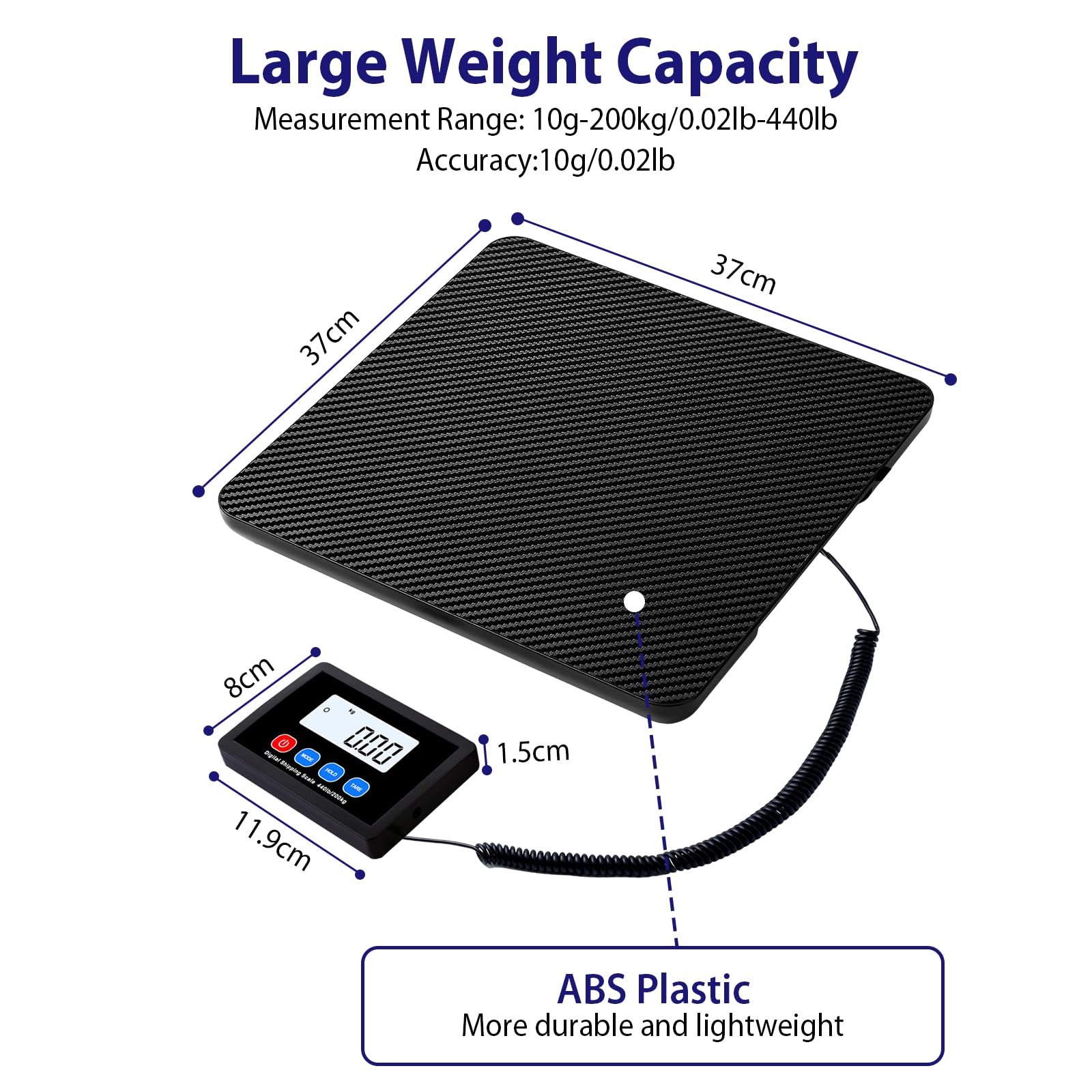 Bilancia Pesa Pacchi, 200kg Bilancia Postale, Bilancia Digitale con Hold e Funzione Tara per Negozio/Pacchi/Magazzino/Bagagli, alimentata a batterie e USB
