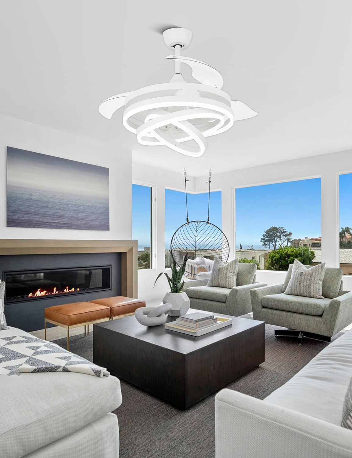 42 Inch Retractable Ceiling Fan, Modern Ceiling Fans with Lights Remote, Silent DC Motor 6 Speeds 3 Color Light, Retractable Blade Ceiling Fan White