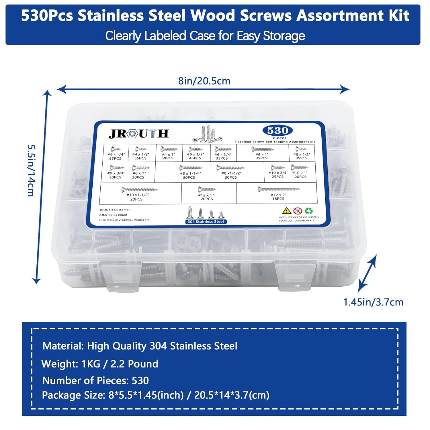 530Pcs Stainless Steel Wood Screws Set #4#6#8#10#12 Phillips Flat Head Sheet Metal Screw Self Tapping Screws Assortment Kit, Length 1/4" to 2"