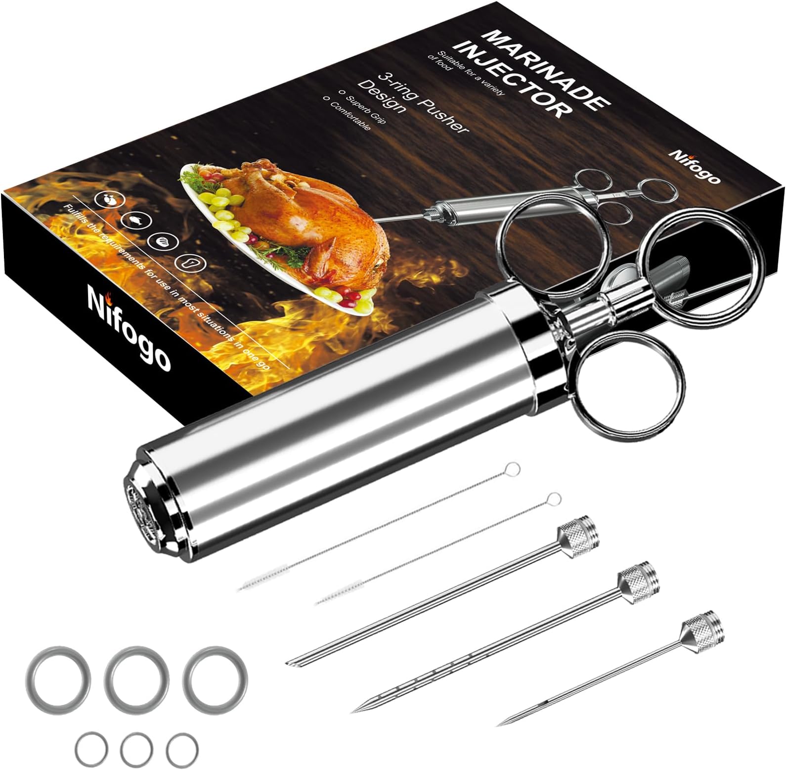 Nifogo Meat Injector, 304 Stainless Steel, Professional Marinade Injector, 60ml Large Capacity (Silver)