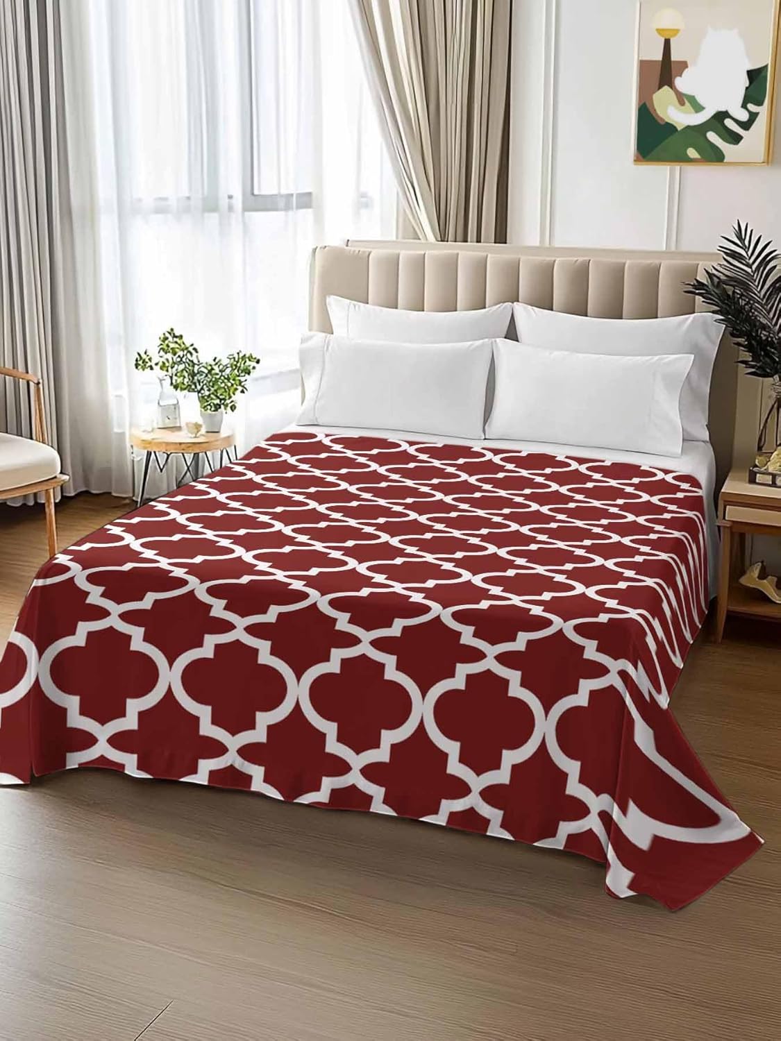 Top Sheet Queen Bedding Flat Sheet Only, Morocco Ethnic Pattern Microfiber Bed Sheets Soft Breathable Bedding Flat Sheets, Modern Geometric on Burgundy Red Hotel Luxury Top Sheets