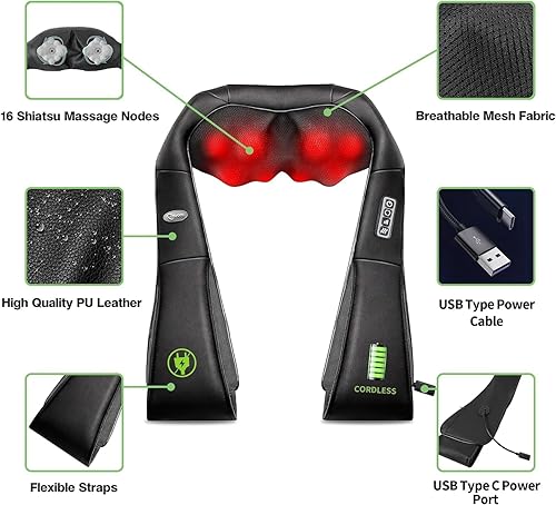 Miniatura 4 de cotsoco Masajeador Shiatsu inalámbrico de cuello y hombros con calor, masajeadores portátiles para cuello y espalda, masajeador de espalda 3D de