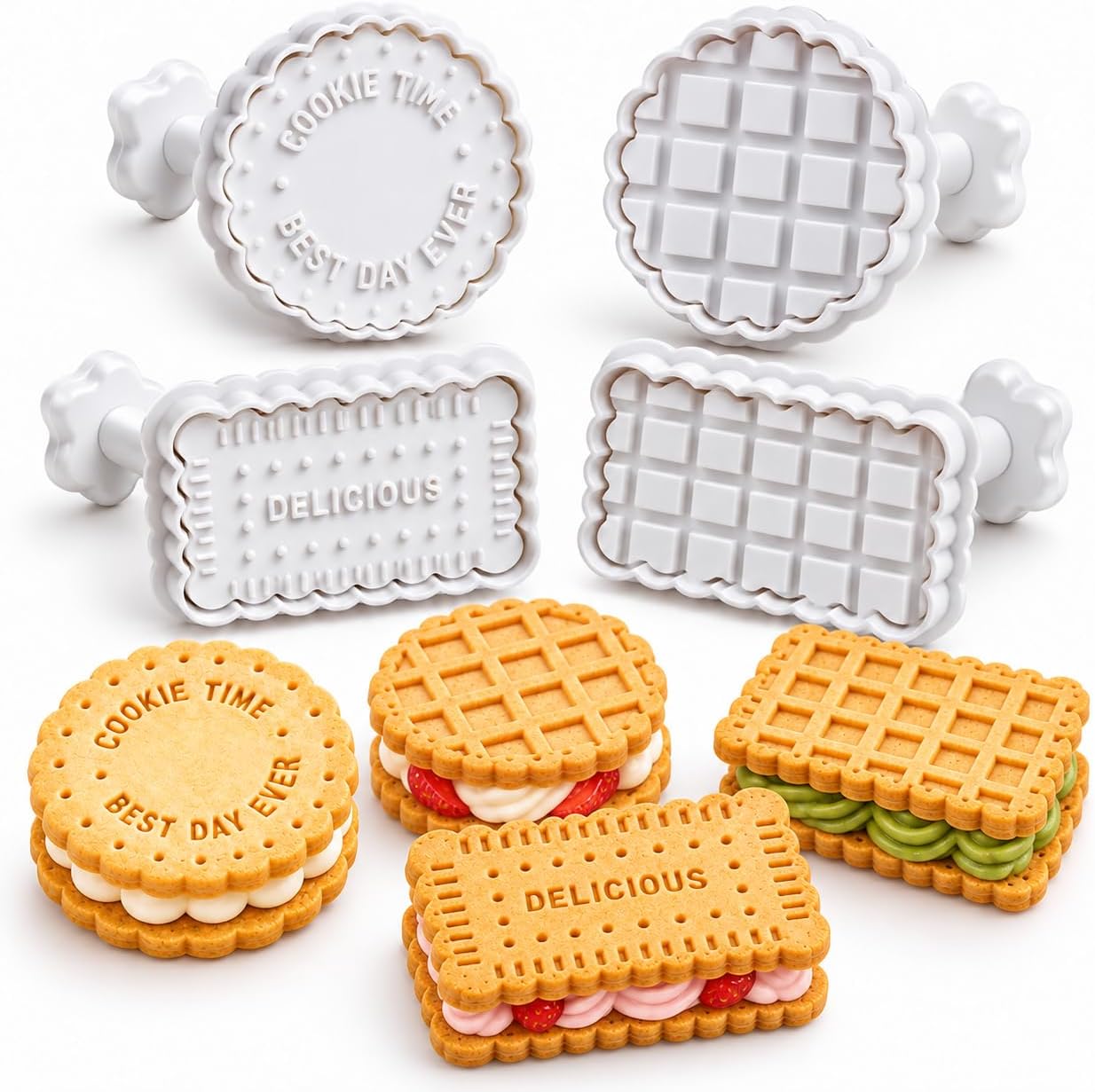 Cookie Stamps Set, 4 Pcs Cookie Press Mold, 3D Classic Cookie Cutter with Plunger Stamp, 4 Styles Funny Cookie Biscuit Molds for Treats DIY Baking, Cake, Pastry