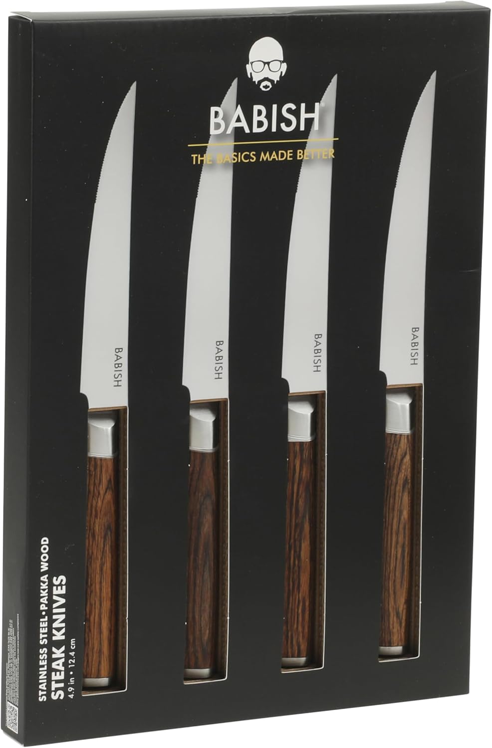 Babish 4-Piece 1.4116 German Stainless Steel Steak Knife Set with Dark Pakka Wood Handles – Full-Tang Steak Knives for Dining, Entertaining & Everyday Table Use