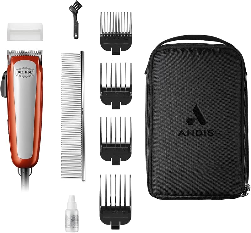 561116 Kit de clipadora de cuchilla ultra ajustable Dr Pol Easy Clip, naranja | Motor rotativo cómodo y silencioso, incluye estuche de peine y carcasa blanda de tamaño 4, recortadora para perros para aseo personal