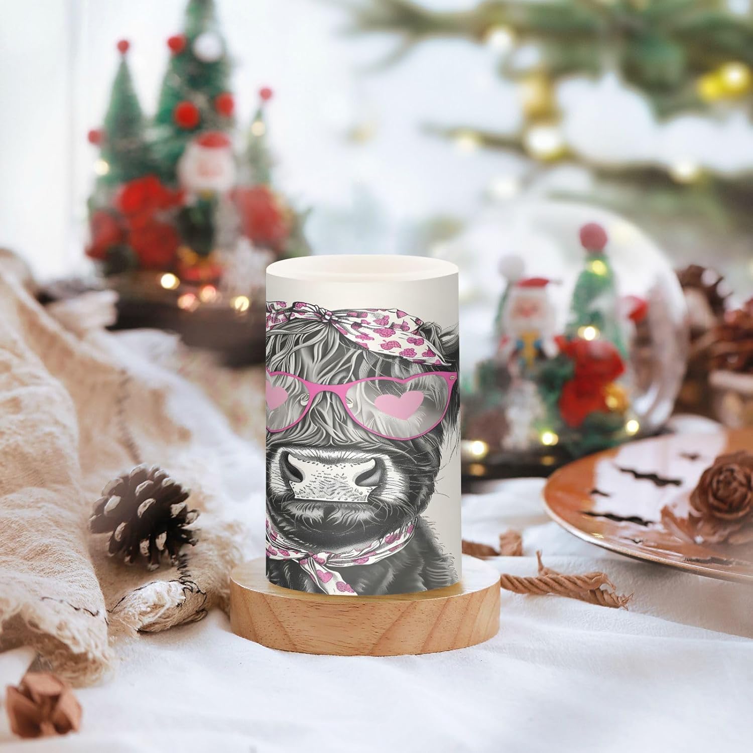 ALAZA Highland Cows Head Wearing Pink Heart and Bow Flickering Flameless Candles Battery Operated with Remote Timer,Tea Light Candles LED Pillar Votive Candles Set of 2 for Outdoor Indoor Decorations