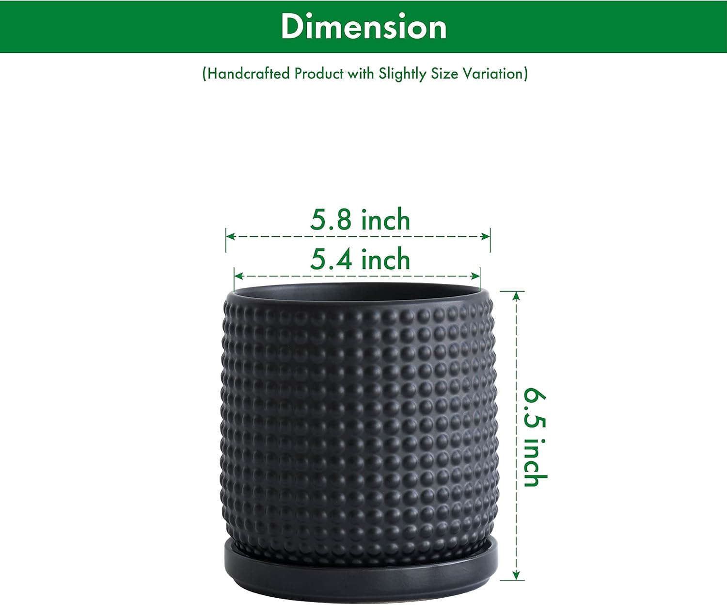 D'vine Dev Set of 2 Ceramic Plants Pots, 6 Inch Beaded Stoneware Flower Pot for Plants with Drainage Hole and Saucer, Ebony Matte, 27-E-X-6