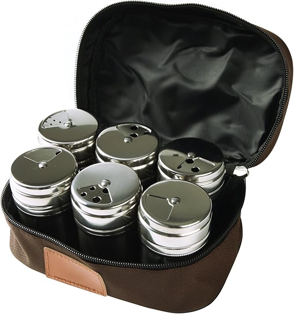 BoodTag Set of 6 Stainless Steel Spice Jars Salt Pepper Spice Shakers Condiment Pot with Pouch