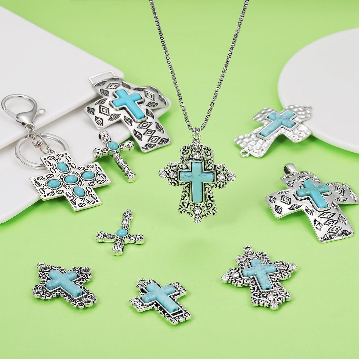 16 Pieces Turquoise Cross Charm Pendant Tibetan Style Cross Charms Alloy Zircon Pendant for Jewelry Necklace Accessories DIY Making Crafts - Image 5