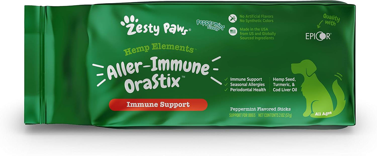 Zesty Paws OraStix for Dogs - Aller-Immune Sticks with Hemp Seed Turmeric EpiCor Fish Oil Supports Immune Function Seasonal Allergies Skin Health Healthy Teeth Gum Blend 2oz