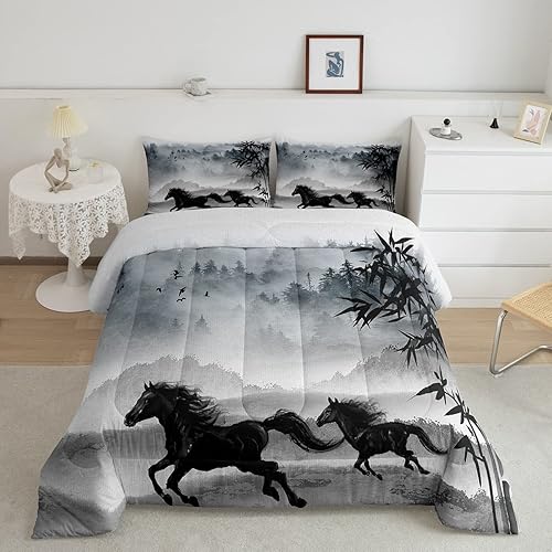Erosebridal Juego de edredón de caballo al galope, juego de ropa de cama de animales de granja vaquero, edredón de montaña ahumada, relleno de