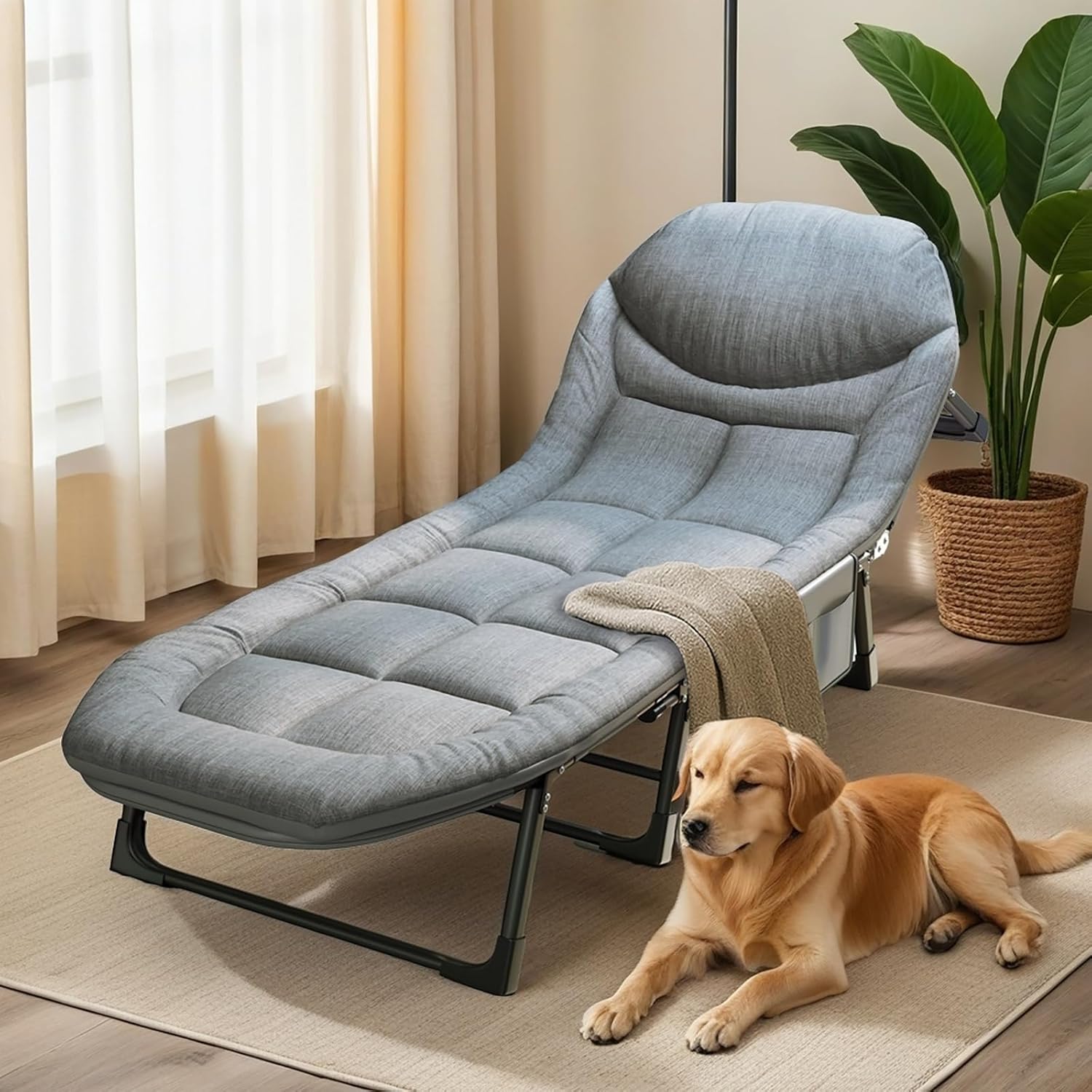 Chaise Lounge Chair, Folding Cot, 6-Angle Adjustable Camping Cot with Mattress for Patio and Beach, Foldable Bed Portable Heavy Duty Lay Flat Reclining with Pillow (Grey, L - 75'')