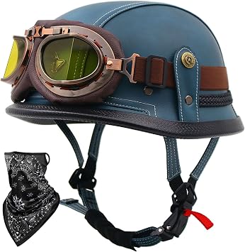 Retro Half Helmet Open Face Motorcycle Helmet Motorbike Leather Half Helmet with Goggles and Face Towel DOT/ECE Approved Adult Men Women Skull Cap Helmet Scooter Moped 11,M56-57CM