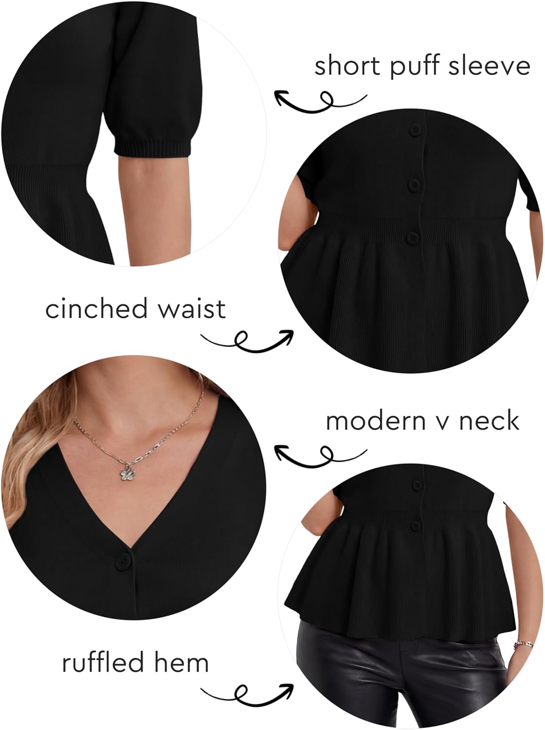 Womens Puff Sleeve Cardigan Sweater Short Sleeve Button Up Cropped Open Front Waist Cinched Knit Peplum Tops 2026
