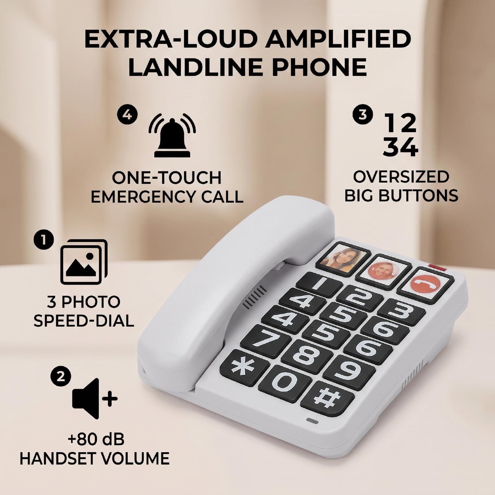 Telefono fisso con tasti grandi per anziani, nero o bianco (WHITE) | Telefono fisso extra potente da 110 dB, con 3 funzioni di chiamata rapida tramite foto e vivavoce.