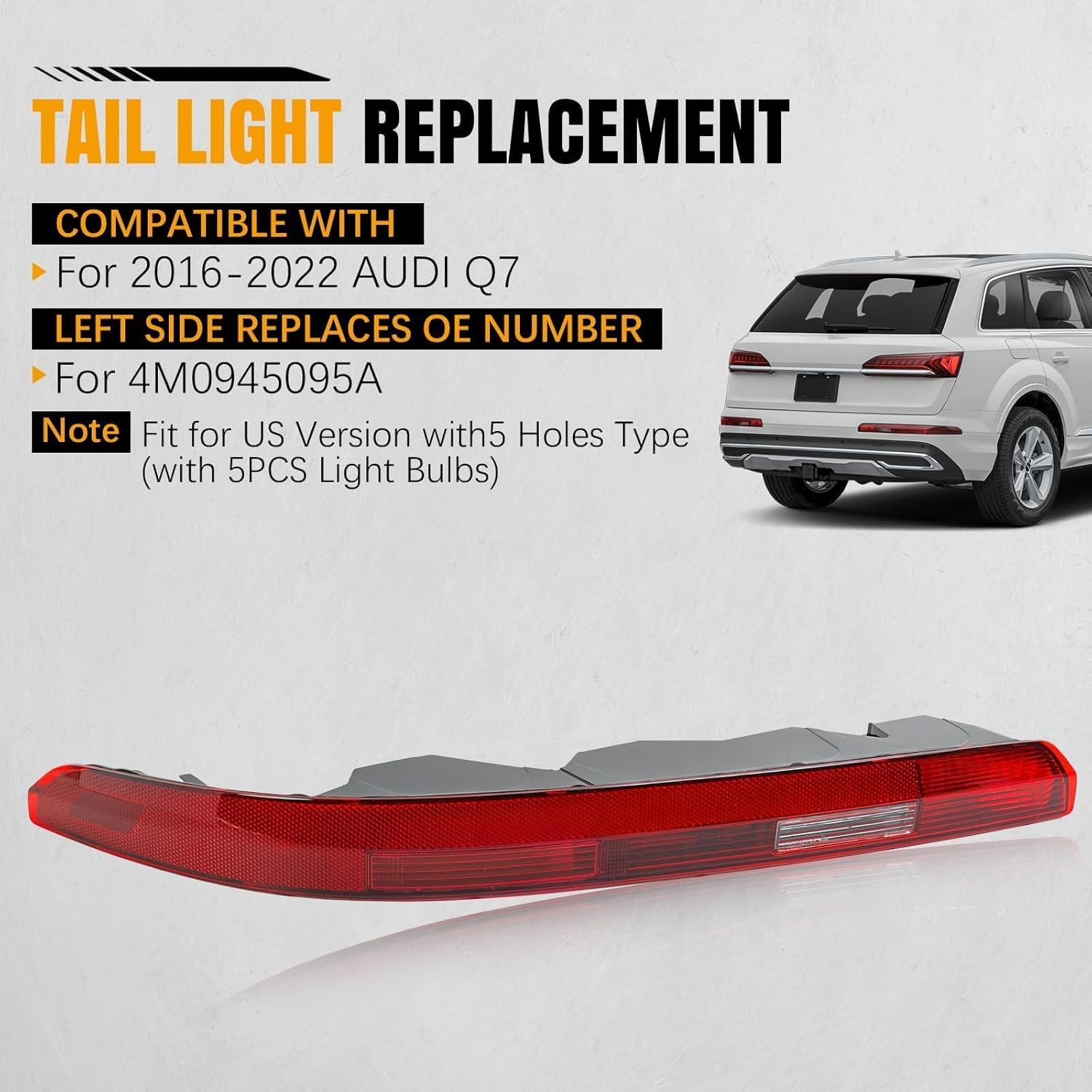 Left LED Inner Tail Light Replacement Compatible With Audi Q7 2016-2022, 4M0945095A, Factory Style Rear Brake Lamp Assembly Driver Side, Clear & Red Lens, Bulb Type: LED - Image 2
