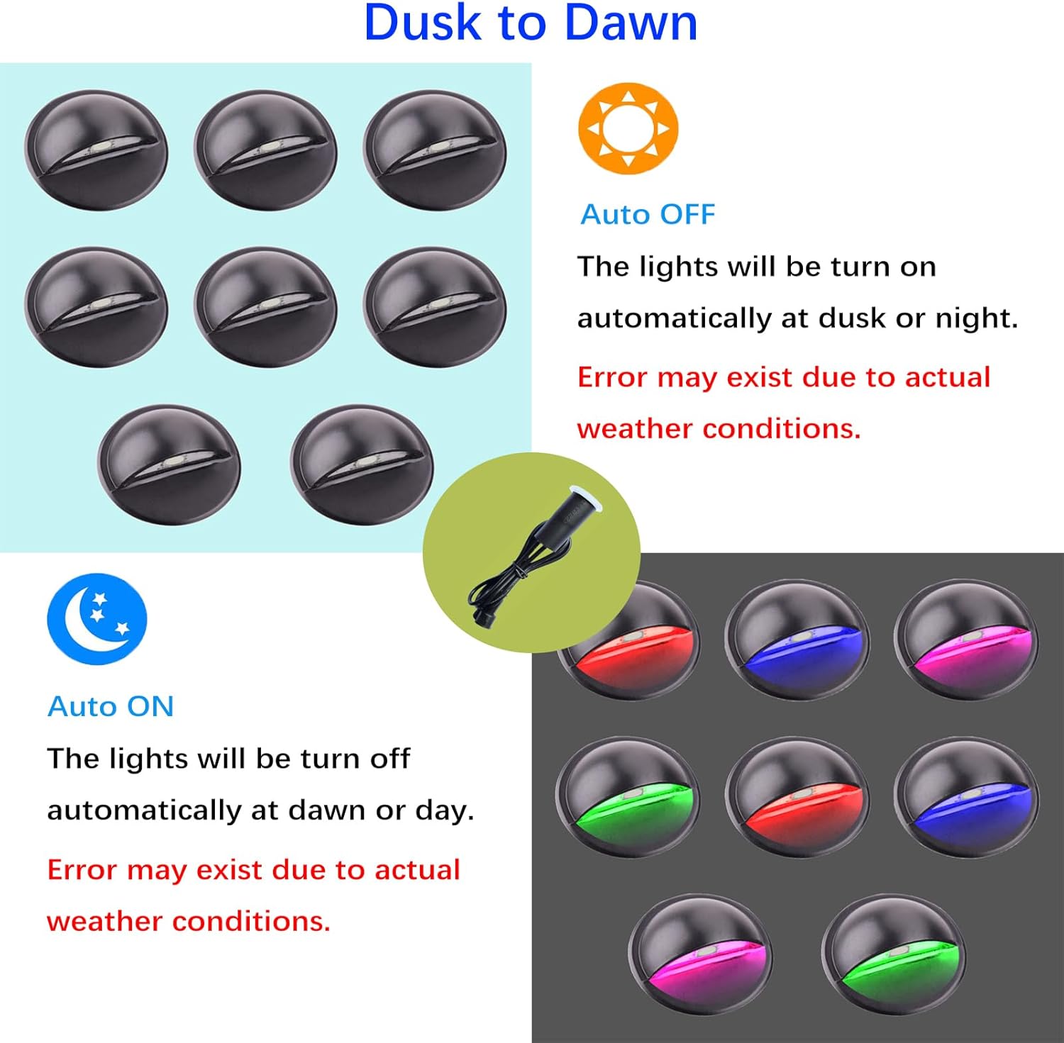 LED Outdoor Deck Lights with Photocell, RGB Φ1.38in Low Voltage 12V DC IP65 Waterproof, Remote Dimmable Multi Color Change, Electric Wired Recessed Stair Step Landscape Lighting, 8 Pack Black