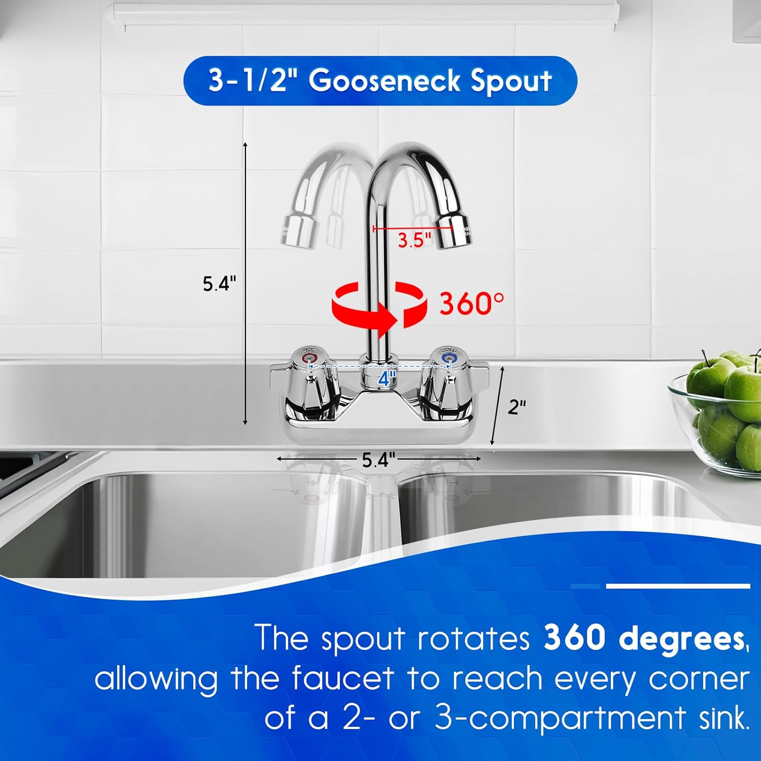 Leak-Free Commercial Hand Sink Faucet with Ceramic Valve, 4 Inch Center Wall Mount Kitchen Faucet with 3-1/2" Swivel Gooseneck Spout & Dual Knobs for Bar Restaurant Laundry, Brass Constructed - Image 7