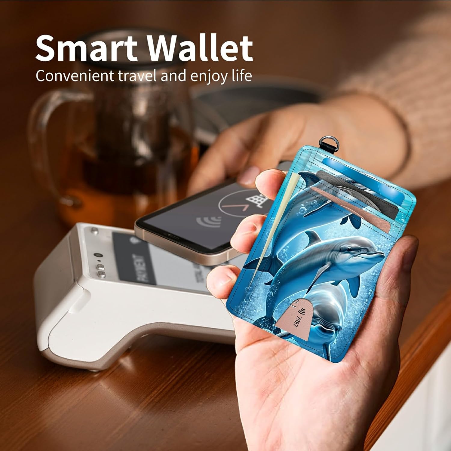 Dolphins Slim Minimalist Wallet with Lanyard Strap, PU Leather Front Pocket Wallet RFID Blocking Credit Card Holder Card Cases with ID Window for Man Woman Boy Girl - Image 6