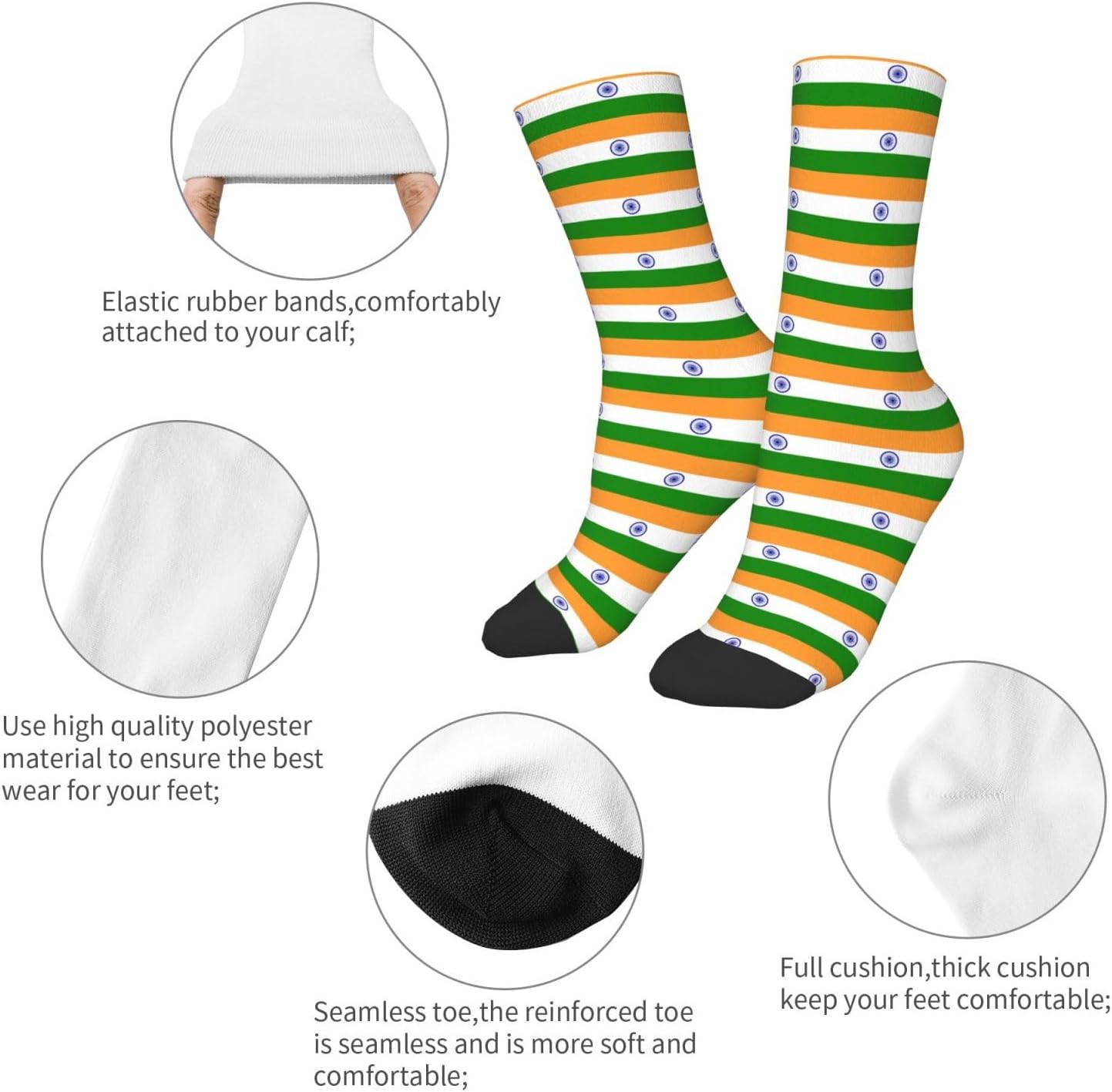 Indian flag Printed 1 Black mid calf socks, stretchy athletic socks, suitable for running and workouts