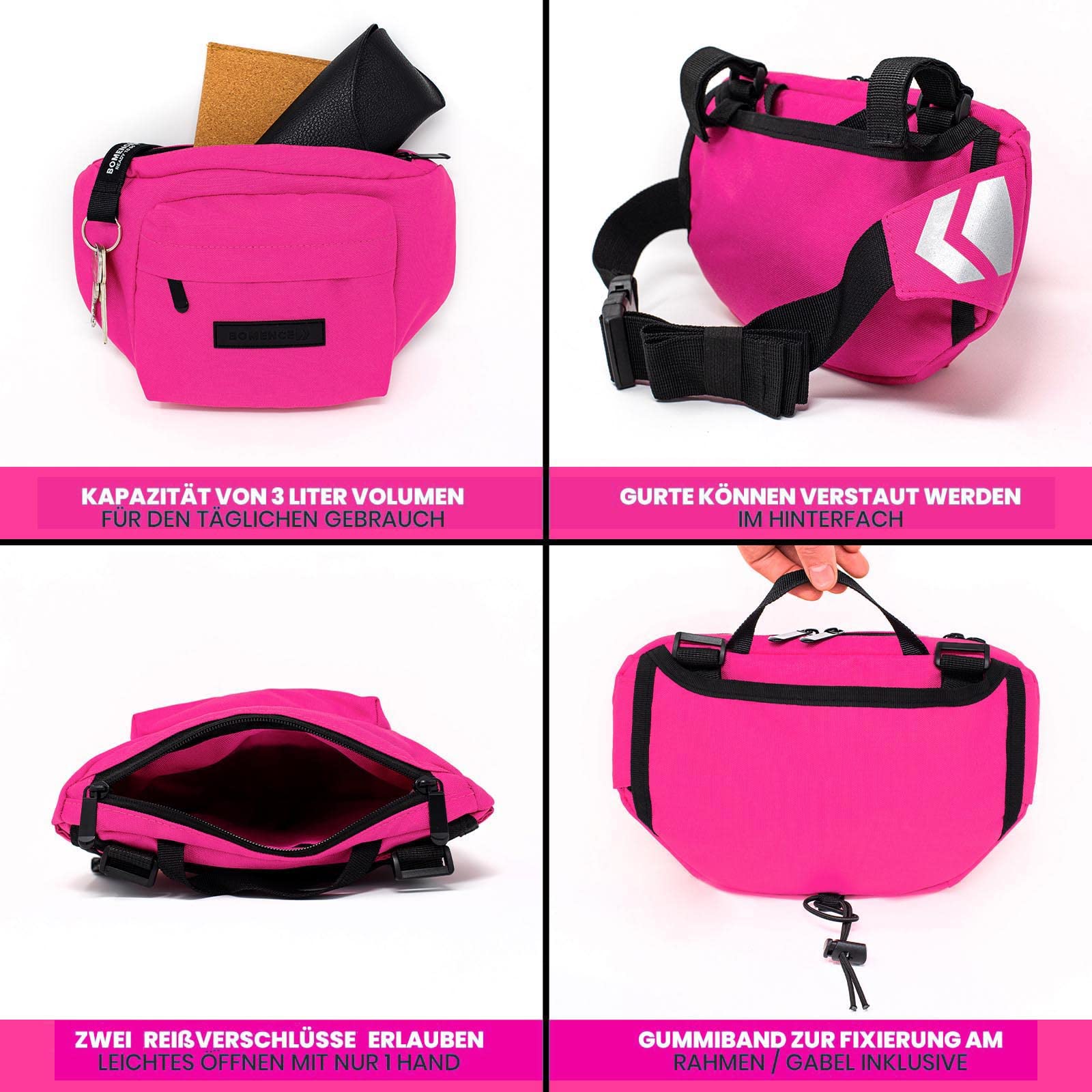 Riñonera acolchada para hombre y mujer, riñonera para exteriores, pequeña, para ciclismo, deportes, impermeable, teléfono móvil, bicicleta, rosa, medium, Riñonera convertible en bolsa de manillar