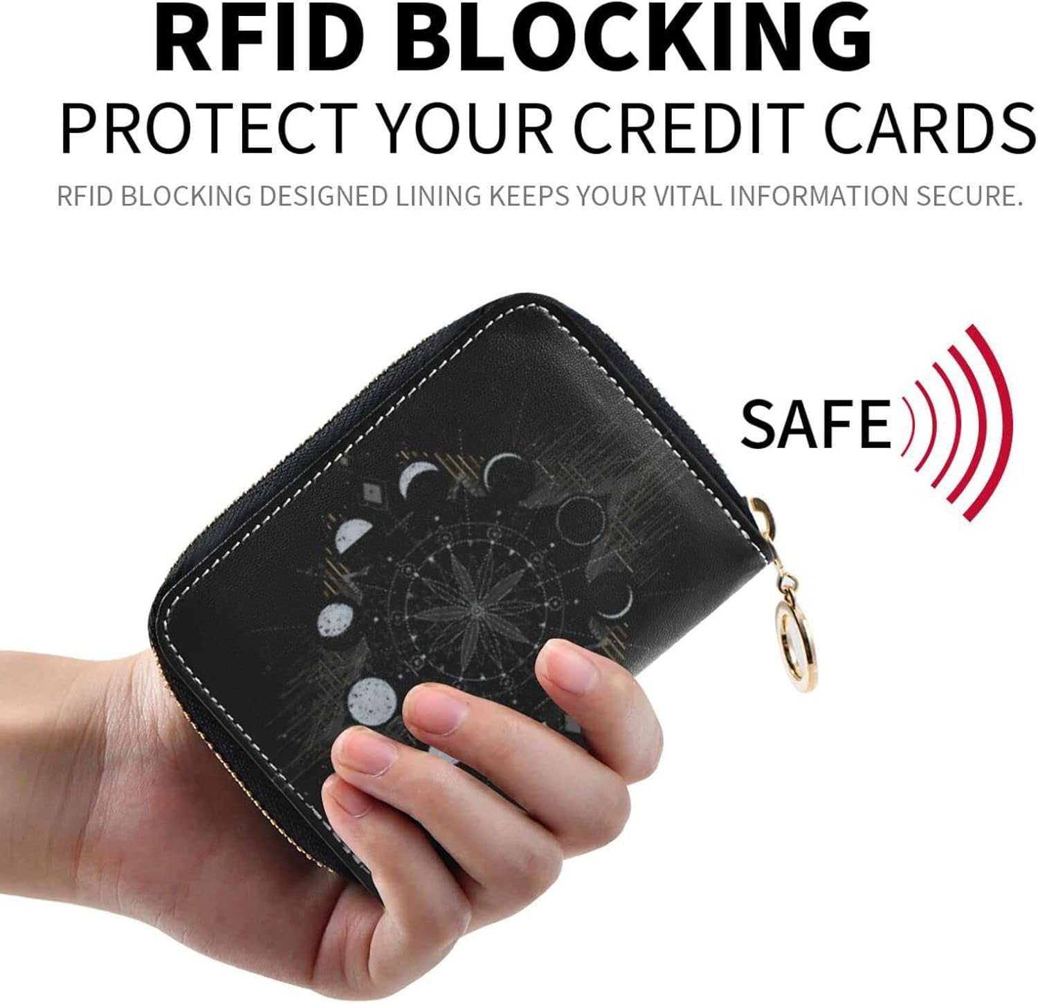 OTVEE Golden Moon Phases Mystical RFID Credit Card Wallet, Microfiber Leather Zipper Card Case Holder for Women