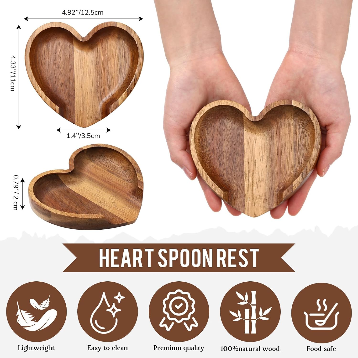 Baderke 1 Pcs 4.9 Inch Heart Shaped Spoon Rest Acacia Wooden Spoon Holder
