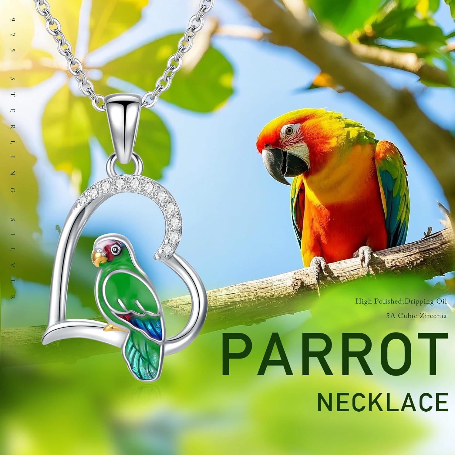 OHAYOO Parrot Necklace 925 Sterling Silver Parrot Pendant Necklace Heart Shaped Bird Necklace Parrot Jewelry Women Gift