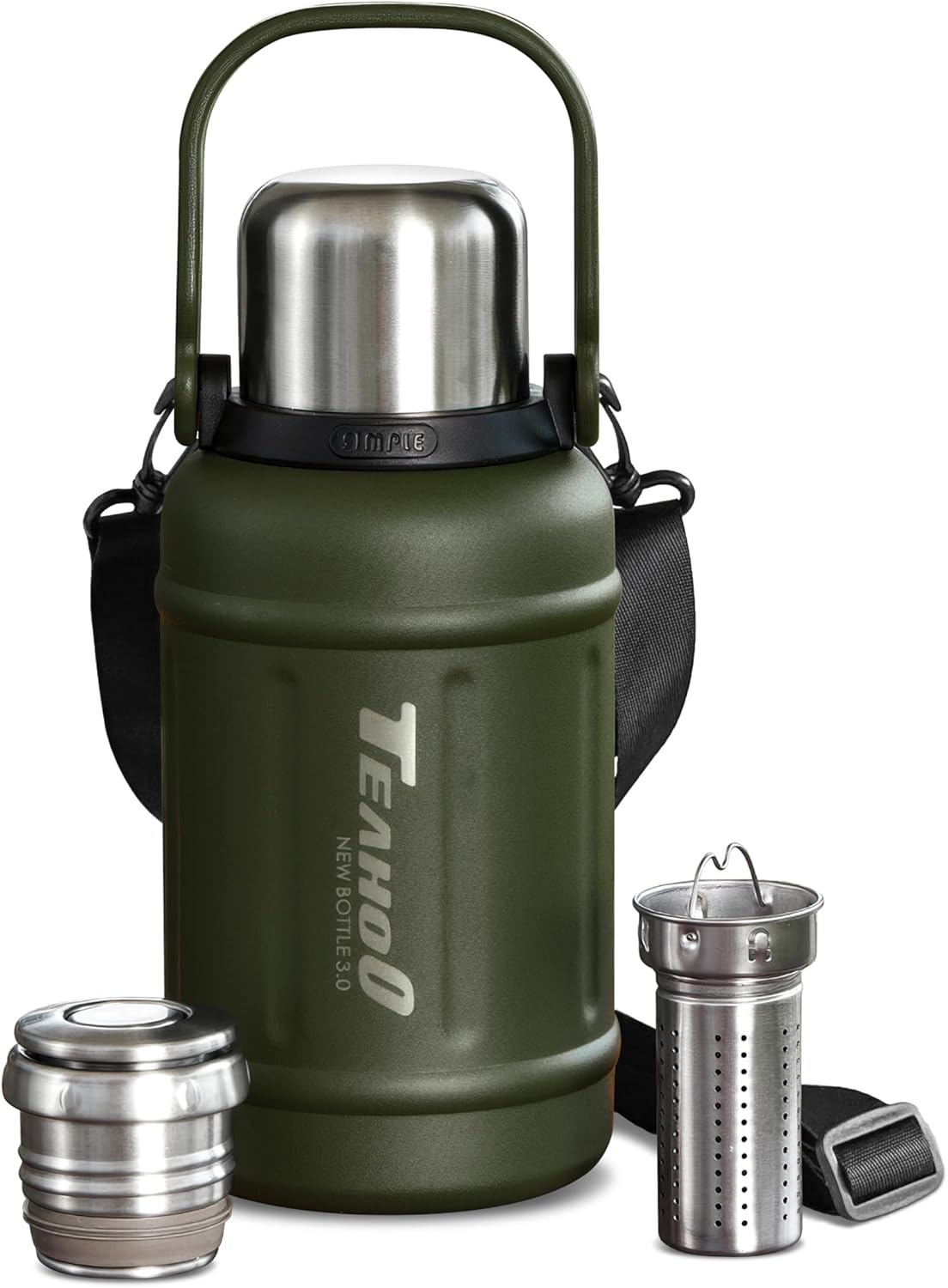 Water Bottle Insulated 40oz/30oz, Stainless Steel with Strap - Leakproof Cup for Hiking, Camping, Office, Travel, School (Matte Black, 40oz)