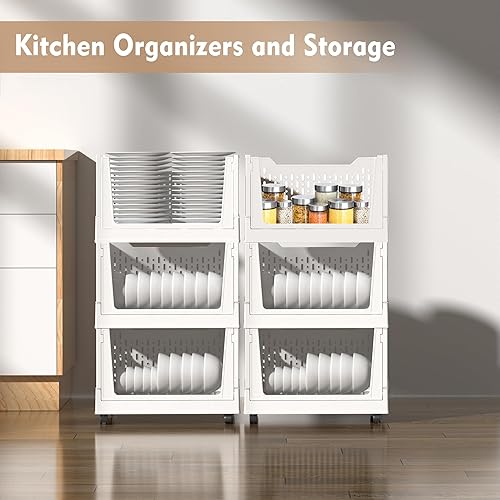 Miniatura 2 de Cesta de almacenamiento de plástico apilable, paquete de 3 organizadores plegables de armario y contenedores de almacenamiento con ruedas, estante