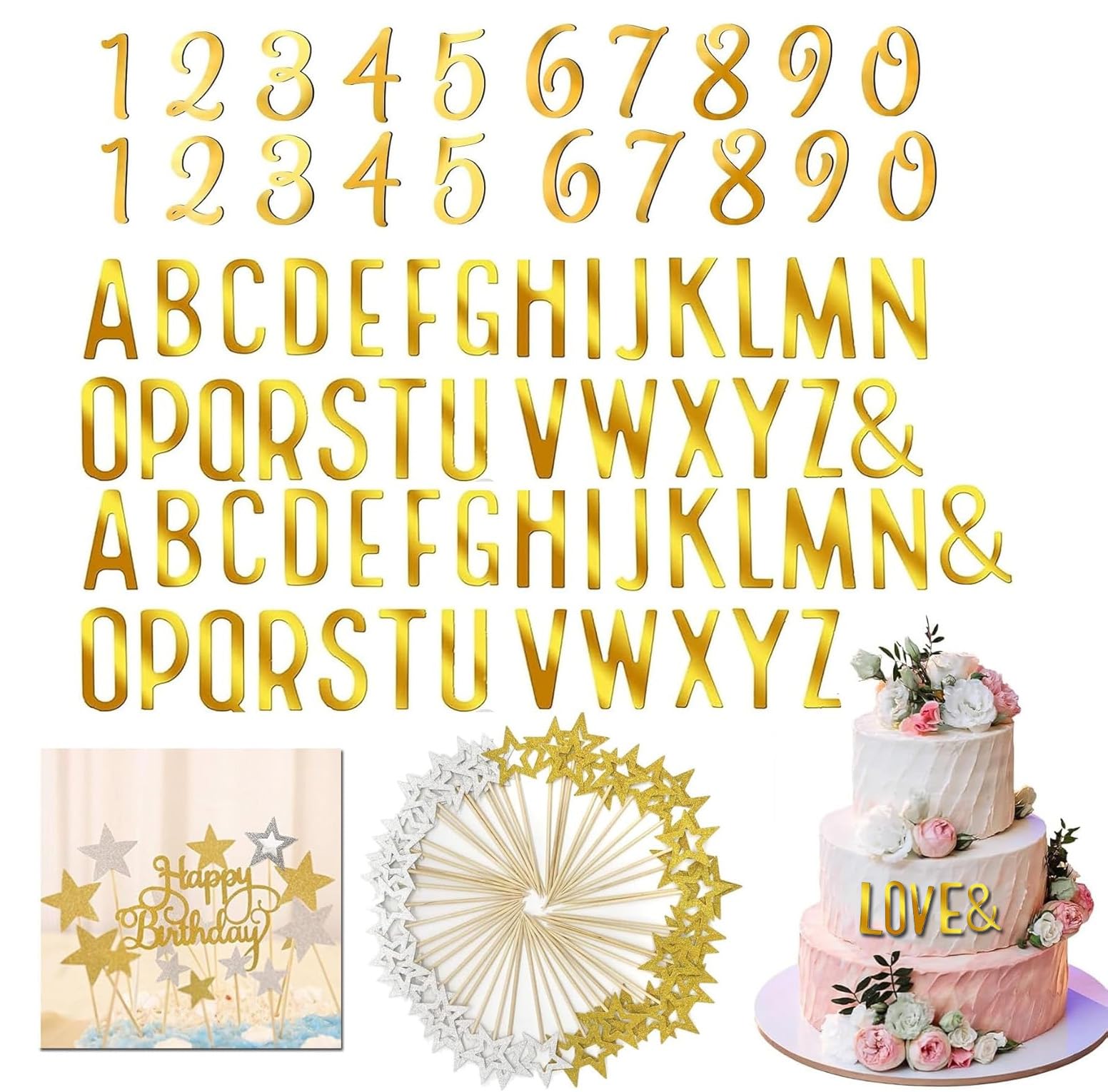 Lettres Acrylique Or Pour Gâteau 54pcs - Alphabet A-Z Miroir - Décoration Anniversaire Mariage