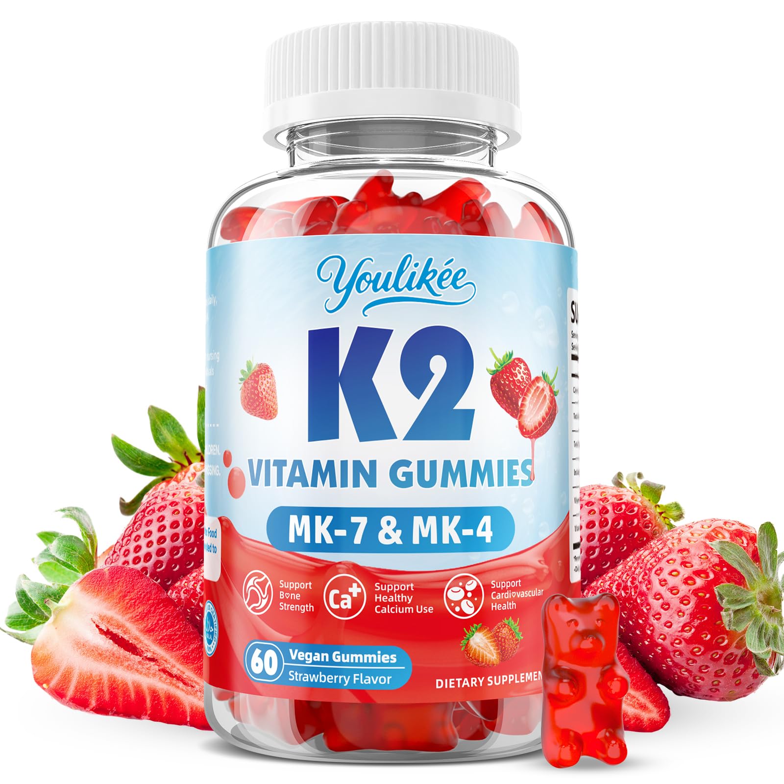 Vitamin K2 Gummies, Dual Formula Vitamin K2 Supplement with MK-7 & MK-4, Supports Bone Health, Gluten-Free, Sugar-Free, Strawberry Flavor, 60 Gummies 60 Count (Pack of 1)