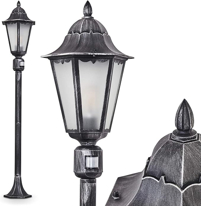 hofstein Outdoor lamp Lignac Frost with motion sensor, cast aluminum in black/silver with clear glass panes, standing lamp 118 cm, retro/vintage garden lamp, E27, IP44, without light bulbs