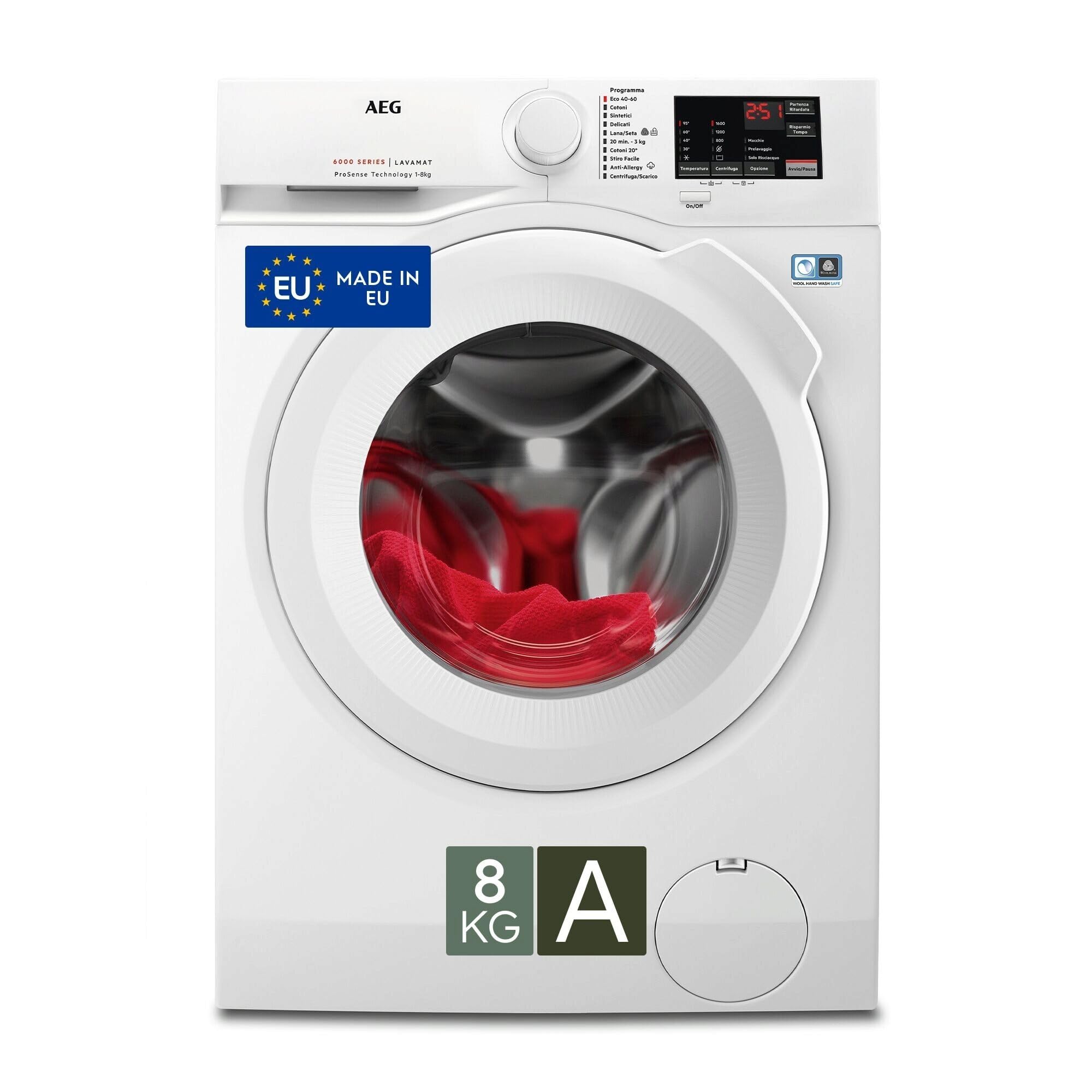 AEG Serie 6000 Lavatrice a Carica Frontale 8 kg Classe A L6FBI6W8 | serie 6000, capacità 8 kg, carica frontale, classe energetica A, dimensioni 847x596x547 mm, ProSense, finitura bianca