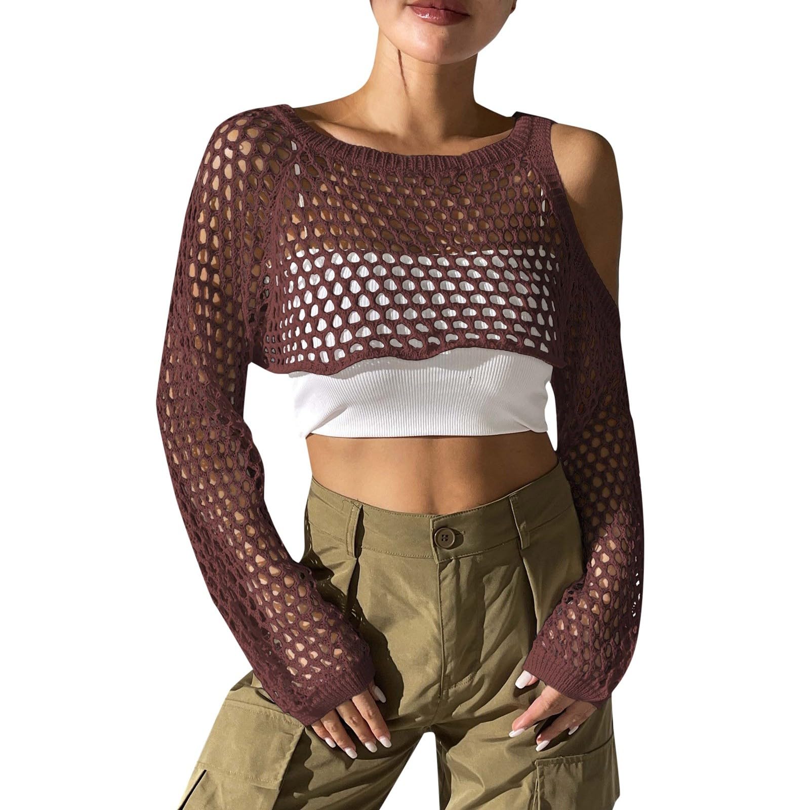 Mesh Fishnet Top for Women, Long Sleeve Novelty Off Shoulder Crop Top Hollow Out Knitted Cover Up Casual Stylish Ladies Outerwear Disco Carnival Music Festival Clubwear (Coffee, One Size)